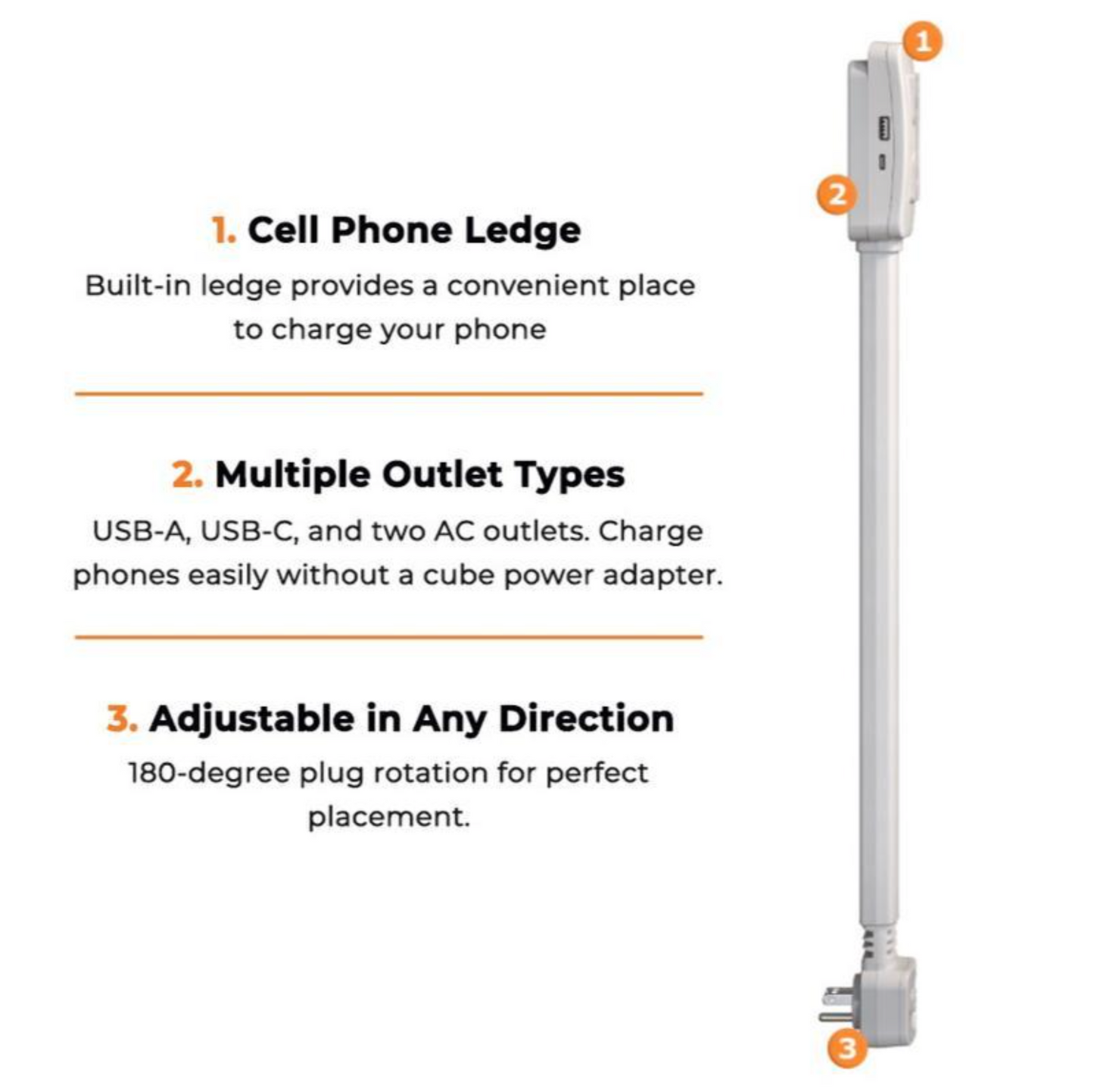 EZ Outlet Electrical Outlet Extender with USB-A USB-C & 2 AC Outlets - Extendable 22-34" Rotatable 180° for Couches Desks Nightstands