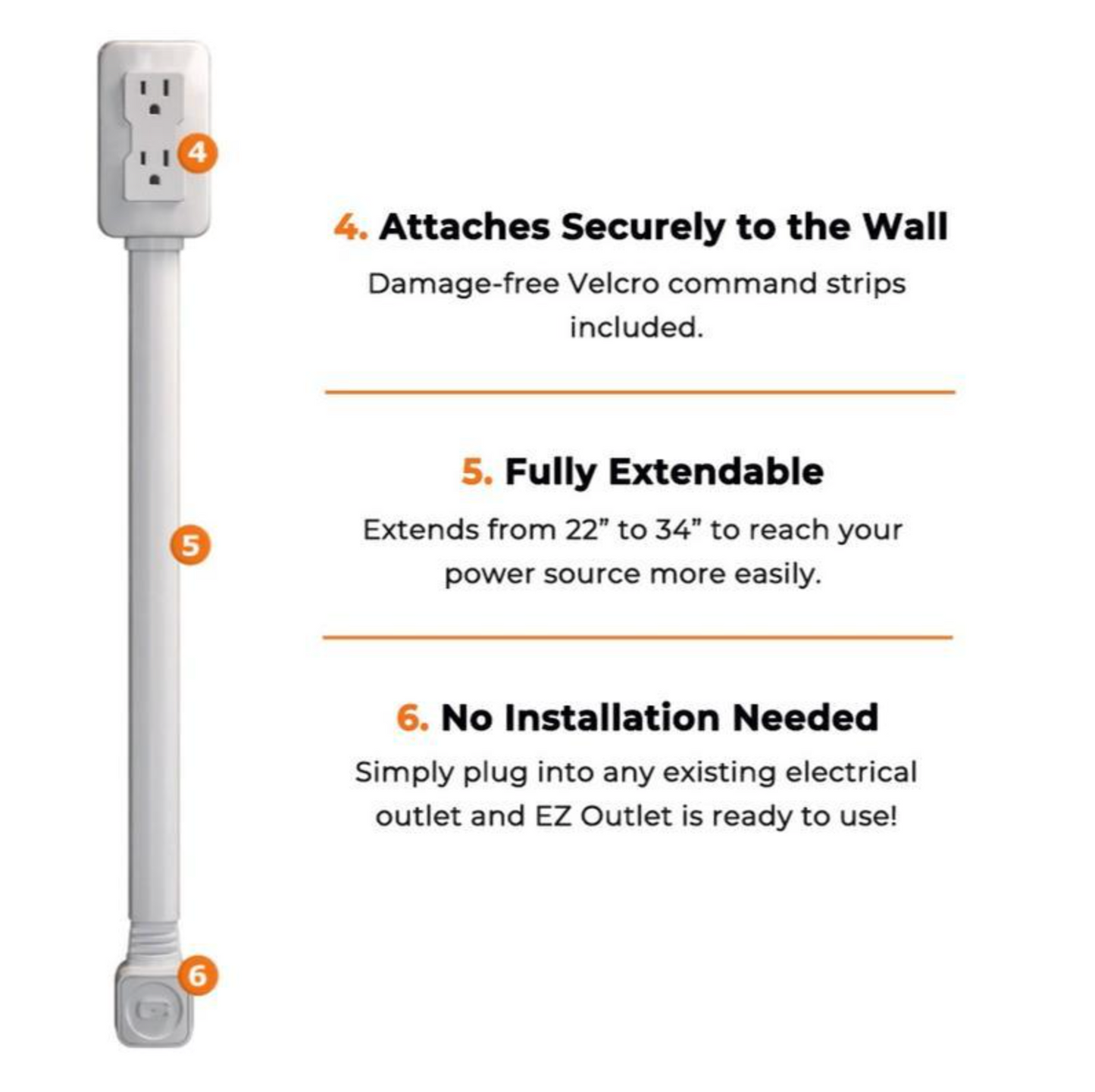 EZ Outlet Electrical Outlet Extender with USB-A USB-C & 2 AC Outlets - Extendable 22-34" Rotatable 180° for Couches Desks Nightstands
